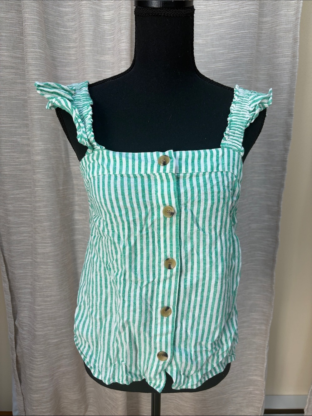 J. Crew Green and White Striped Button-Front Camisole